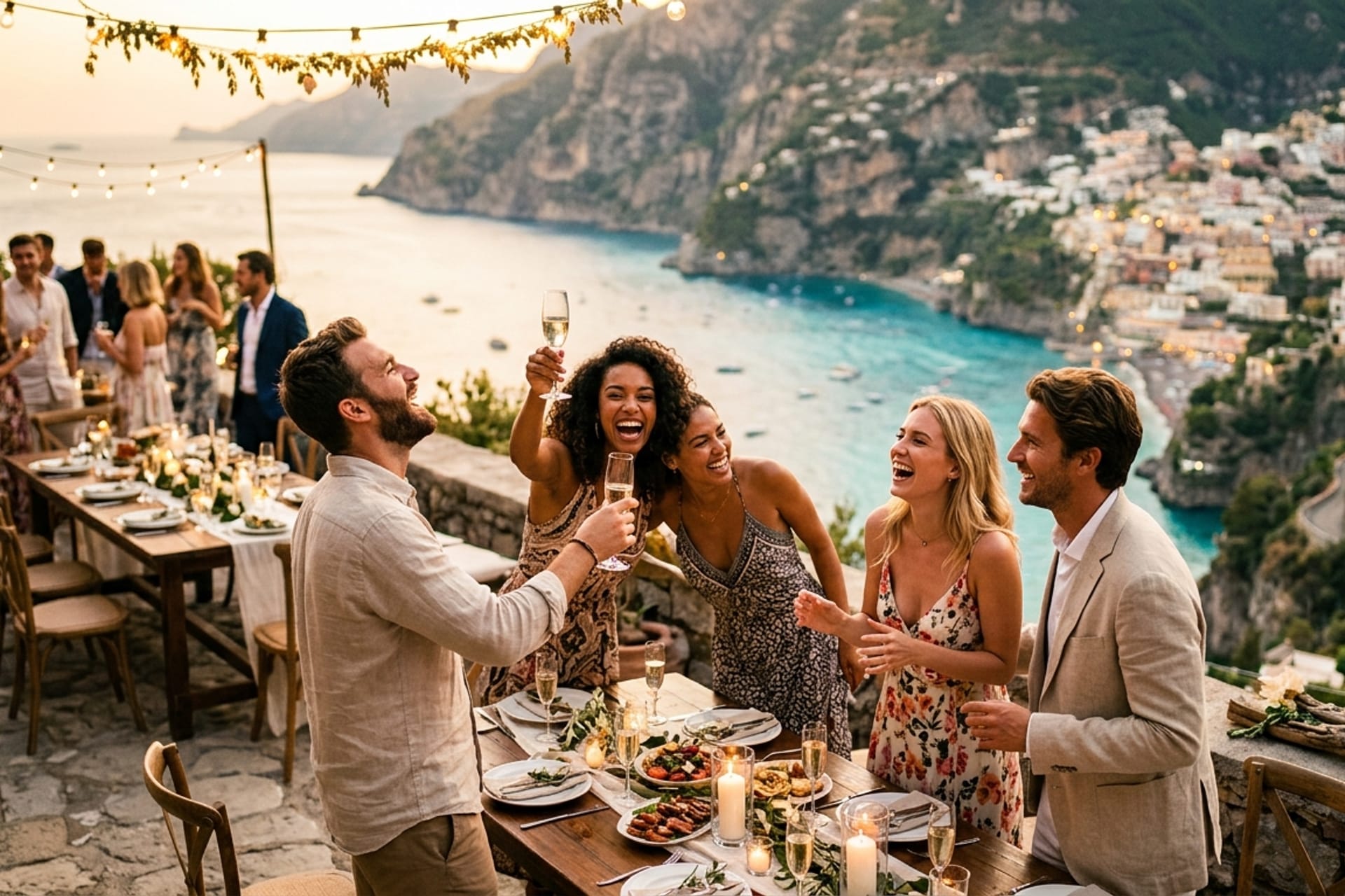 Friends laughing and raising champagne glasses at a golden-hour terrace dinner party, with a turquoise sea and a pastel cliffside village glowing behind them